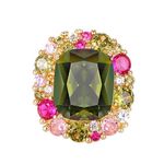 hsiyyecg 14K Yellow Gold Plated Olive Green Emerald cut Cubic Zirconia Halo Colorful Crystal Gemstone Cocktail Party Statement Ring for Women Girls, Non-Precious Metal, Cubic Zirconia