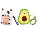 Mouzor Cute Avocado Airpods Case, Boba Tea Cow Airpods 2 Case, 2 PACK, Funny 3D Cartoon Soft Silicone Full Protection Charging Cases Cover with Carabiner for Airpods 1st Generation, 2nd Generation