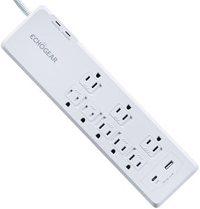 ECHOGEAR PowerBlitz Surge Protector Power Strip with USB-A & USB-C Ports - Low Profile Design with Braided 6' Cord, Flat Plug & 2160 Joules of Multi Outlet Surge Protection - White