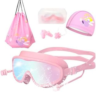 Nasjac Swimming Goggles for Kids, 5 PCS Swimming Goggles with Swim Hat, Big Frame Leakproof Swimming Glasses for Kids, Kids Swim Goggles with Anti Fog and UV Protection for Boys Girls for Age 3-16