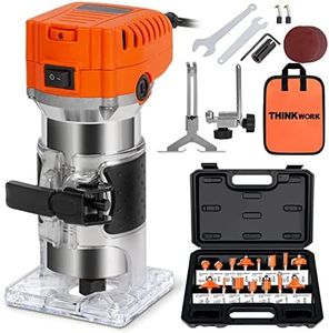 THINKWORK Compact Router, 6.5-Amp 1.25 HP Compact Wood Palm Router Tool, 6 Variable Speeds Wood Trimmer with 15 Pieces 1/4" Router Bits Set, 30000R/MIN