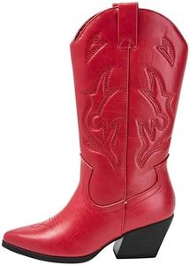 Kassie Daniela ~ Julia ~ Women Western Cowboy Stitched Pointed Toe Heel Ankle Mid Shaft Fashion Boots Cowgirl, Red Pu, 11