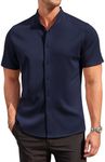 COOFANDY Mens Casual Button Down Shirt Dress Shirt Short Sleeve No Wrinkle Untucked Shirt Navy Blue