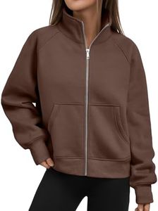 Trendy Queen Womens Sweatshirts Zip Up Hoodies Cropped Crewneck Pullover Casual Jackets Y2k Clothes Fall Fashion Outfits Chocolate L