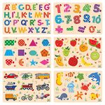 Webby Wooden Educational Colorful Alphabets, Counting Numbers, Fruits, Sea Animals, Public Transport and Shapes Puzzle for Preschool Kids - Set of 6