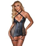 ohyeahlady Women's Lingerie Sets Cross Front Babydoll Mini Dress with Garter and Thigh Cuffs Sexy Backless Nightwear Skirt Outfit UK 16-18 Black