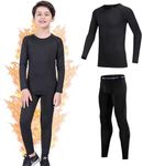 Gavena Kids Thermal Base Layer Sets Boys Football Skins Youths Compression Set Winter Under Football Kit for Children, Fleece Black, 8-9 Years