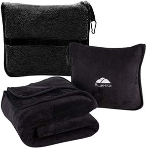 BlueHills Premium Soft Travel Blanket Pillow Airplane Blanket Packed in Soft Bag Pillowcase with Hand Luggage Belt and Backpack Clip, Compact Pack Large Blanket for Any Travel (Black T008)