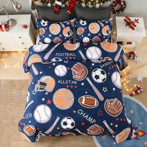 Andency Cartoon Ball Games Comforter Queen(90x90 Inch), 3 Pieces(1 Comforter, 2 Pillowcases) Soccer Basketball Baseball Football Comforter Set Sport Microfiber Bedding Set for Boys Girls Kids Teens