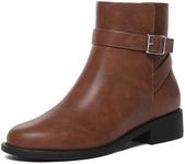 Athlefit Women's Ankle Boots Chunky Low Heel Fashion Round Toe Comfy Buckle Leather Brown Boots Fall Size 8