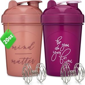 GOMOYO 2-Pack 20-Ounce Protein Shaker Bottle (Plum & Rose) | BPA Free, Dishwasher Safe Shaker Cups with Motivational Quotes for Gym, Running, Workout Supplements