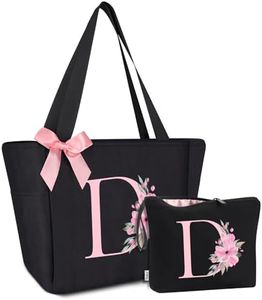Vavabox Tote Bag, A-Z Initial Monogrammed Waterproof Tote Bag, Bridesmaid Gifts for Women, Black and Pink (D, Black Set)