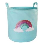 Shopster Cute Rainbow Design Toy Storage Basket, Baby Hamper Kids Laundry Basket Nursery Hamper, Waterproof Cute Cartoon Round Canvas Foldable Toy,Playarea Dia 13” x 16”H (Blue Rainbow)