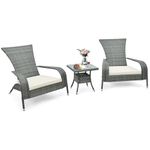 COSTWAY 3-Piece Rattan Patio Bistro Set, Oversized Wicker Adirondack Set with Seat Cushions & Tempered Glass Tabletop, Outdoor Conservatory Chair and Table Set for Balcony Lawn Poolside (Beige)