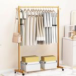 LEOPAX Single Rail Bamboo Rolling Coat Rack with 2 Side Hook Garment Rack with Shoe Storage Shelves - Do It Yourself - Natural Color - Size - (70 x 38 x 145cm) - Bamboo Cloth Rack