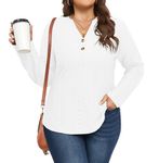 KARALIN Womens Plus Size Eyelet Button Down V Neck Long Sleeve Henley Dressy Casual Shirts Blouses Tops(White,2XL)