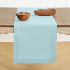 Solino Home Aqua Blue Table Runner 156 Inches Long - 100% Pure Linen Extra Long Table Runner 14 x 156 Inch for Summer - Classic Hemstitch
