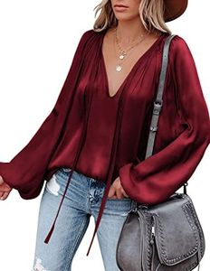 Chigant Satin Blouses for Women Long Sleeve Silk Tops Casual Office Tie Neck Work Shirts Red Medium, Wine Red, Medium
