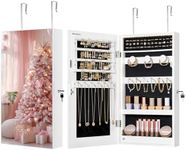 SONGMICS Mirror Jewelry Cabinet Armoire with Built-in LED Lights, Wall or Door Mounted Jewelry Storage Organizer, 3.8 x 14.6 x 26.4 Inches Hanging Mirror Cabinet, Christmas Gifts, White UJJC050W01