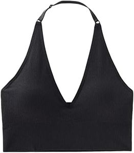 INIBUD Halter Bra for Women Longline Sports Bra Wireless Seamless Padded Backless Bralette with Adjustable Strap, Black, Large