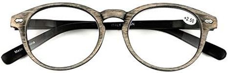 Qi Song Retro Woodgrain Print Oval Frame Reading Glasses Unisex Quality Readers (Grey, 2.5)