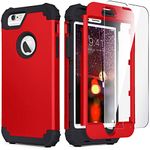 for iPhone 6S Case, for iPhone 6 Case with Tempered Glass Screen Protector, IDweel 3 in 1 Heavy DutyShockproof Drop Protection Hybrid Hard PC Covers Soft Silicone Full Body Protective Case, Red+Black