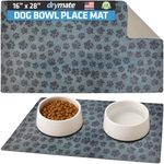 Drymate Pet Bowl Placemat, Dog & Cat Food Feeding Mat - Absorbent Fabric, Waterproof Backing, Slip-Resistant - Machine Washable/Durable (USA Made) (16” x 28”) (Paw Dots Black)