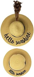 Funky Junque Mommy and Me Floppy Sun Hat - Matching Mom & Daughter Beach Hats, Embroidered Toddler Hat Set - Adult Ponytail Hello Sunshine w/Kids Little Sunshine