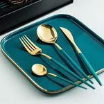 HomeCloud Stainless Steel Cutlery Spoon Set Flatware, Including 1 Fork, 1 Table Spoon, 1 Dessert Spoon And 1 Knife For Dining_Green_ Set Of 1