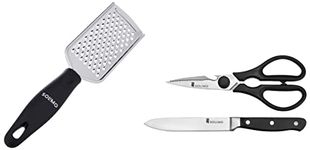 Amazon Brand - Solimo Stainless Steel Cheese Grater, Black and Amazon Brand - Solimo Premium High-Carbon Stainless Steel Detachable Kitchen Shears and Knife Set, 2-Pieces, Silver