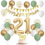 21st Birthday Decorations for Him Her, Happy 21st Birthday Banner with Birthday Cake Topper Number 21 Foil Balloon Sage Green White Gold Birthday Balloons for Men Women 21 Year Old Party Decoration