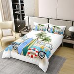 Erosebridal 100% Natural Cotton Ocean Beach Duvet Cover Queen, Cartoon Surfboard Bus Bedding Set, Palm Trees Comforter For Kids Boys Girls Teens, Tropical Coastal Summer Holiday Bedspread Room Decor