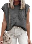 EVALESS Womens Sweater Vests Trendy Fall 2024 Cap Sleeve Crewneck Loose Knit Crochet Tops Dark Grey L