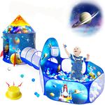 Saikotent 3pc Kids Play Tent for Boys with Ball Pit & Crawling Tunnel, Rocket Ship Tents Toddlers Sound Button, Baby Space World Playhouse Toys, Indoor& Outdoor House, Perfect Kid’s Gifts