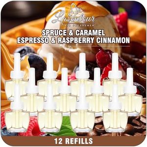 Plug In Air Freshener Refills – Spruce, Caramel, Espresso & Raspberry Cinnamon Scents – Adjustable Fragrance for Home & Bathrooms, 12 Pack – Compatible with Air Wick & Glade, Not Include Glade Plus