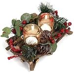 Belle Vous Christmas Double Tealight Candle Holder - 14 x 22cm / 5.51 x 8.66 Inches - 2 Glass Votive Candle Holders - Decorative Berry & Pine Cone Table Centrepiece for Home, Wedding or Xmas Decor