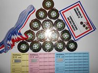 DWL FOOTBALL MEDALS SET OF 15 - 50MM METAL WITH RED /WHITE AND BLUE RIBBON- COMES IN A BOX