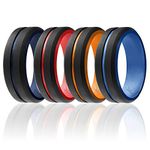 ROQ Silicone Ring - 4 Packs - Mens Silicone Wedding Band - Engraved Middle Line Beveled Edge Style Duo Collection - Black, Orange, Red, Dark Blue, Light Blue Colors - Size 12