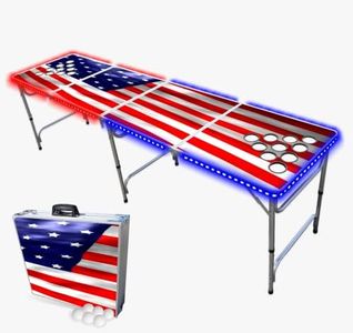 PartyPong 8-Foot Professional Beer Pong Table w/Cup Holes, LED Lights & Pong Balls - America Edition