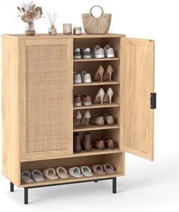 Giantex 108 cm Tall Shoe Cabinet w/ 2 Doors, 6-Tier Rattan Storage Cabinet w/Adjustable Shelves & Open Compartment, Freestanding Wooden Shoe Rack Organizer for Entryway Closet & Living Room (Natural)