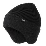 Wmcaps Winter Beanie for Men with Earflaps，Unisex Thick Warm Knit Hat with Ear Flaps，Fleece Lined Woolly Hats for Outdoor Activity-Black