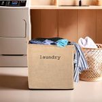 Kuber Industries Clothes Basket (55 LTR) Toy Basket | Washing Cloth Basket (Jute Fabric) Dirty Clothes Bag | Square Foldable Laundry Bag (Small) Storage Hamper with Handles | Brown