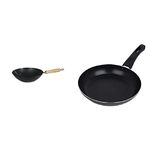 Dexam Non Stick Carbon Steel Wok with Wood Handle 27cm/10.5 -inch & Sapphire Collection 20 cm Non Stick Fry Pan