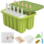Ice Lolly Mould 10 Pieces Silicone Popsicle Mold BPA Free Homemade Reusable Ice Cream Moulds with 50 Wooden Sticks,50 Bags,10 Reusable Sticks, Funnel,Brush and Recipe (Green)