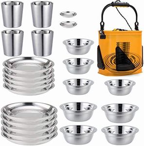 Stainless Steel Plates,Bowls,Cups and Spice Dish. Camping Set (24-Piece Set) 3.5inch to 8.6inch. Camping, Hiking, Beach,Outdoor Use Incl. Collapsible Water Bucket