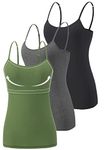 Vislivin Womens Cotton Camisole Adjustable Strap Tank Tops with Shelf Bra Stretch Undershirts Black/Dark Gray/ArmyGreen -1 L