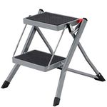 SONGMICS GSL002GY01 2 Step Ladder Folding Step Stool 20 cm Width Non-Slip Rubber with Handle 150 kg Load Steel Grey and Black