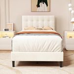 alazyhome Twin Size Upholstered Platform Bed Frame with Button Tufted Velvet Headboard Wood Slat Support Easy Assembly No Box Spring Needed Beige