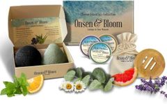 Onsen & Bloom Aromatherapy Shower Steamer Bundle – 6 Shower Bombs with Konjac Sponge Set & Bamboo Tray – Relaxing & Energizing Tablets for Morning Boost & Stress Relief