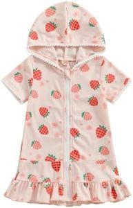 Licupiee Girls Hooded Zip Terry Coverups Swimsuit Kids Baby Girl Floral Print Short Sleeve Swim Cover-Up Swimwear (Strawberry, 12-24 Months)